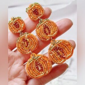 Tiered 3-Pumpkin Post Dangle Earrings Orange Crystal Beading - Jewelry NEW